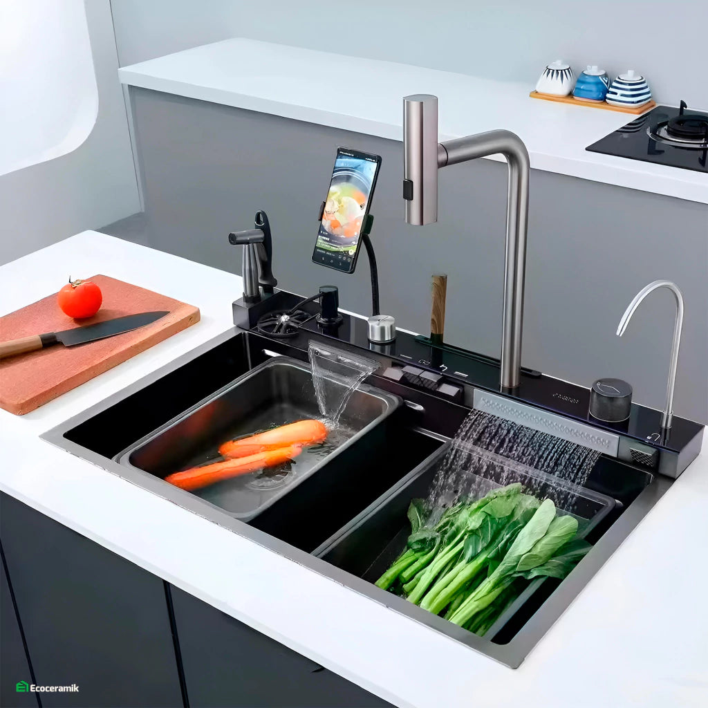 Lavadero de cocina multifncional Smart 5 Teclas porta celular acero inoxidable 304 c/negro Panel led  2025 - Premium