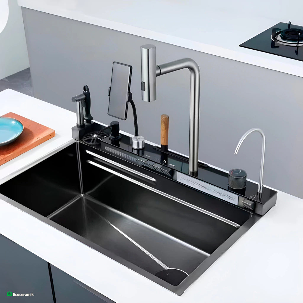 Lavadero de cocina multifncional Smart 5 Teclas porta celular acero inoxidable 304 c/negro Panel led  2025 - Premium