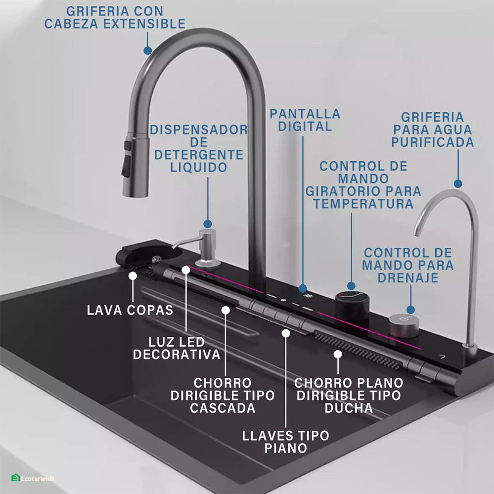 LAVADERO DE COCINA MULTIFUNCIONAL 7 TECLAS BLACK PANEL LED DE ACERO INOXIDABLE 304  BASIC - FULL