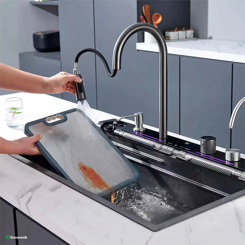 LAVADERO DE COCINA MULTIFUNCIONAL 7 TECLAS BLACK PANEL LED DE ACERO INOXIDABLE 304  BASIC - FULL