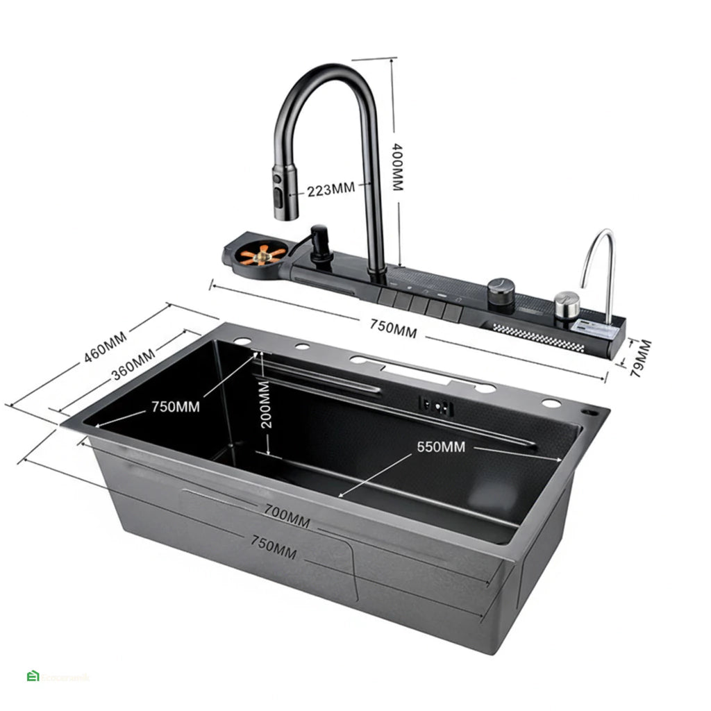 LAVADERO MULTIFUNCIONAL DE COCINA 7 FUNCIONES PANEL LED NEGRO BAHÍA DE ACERO INOX 304 BLACK PREMIUM FULL