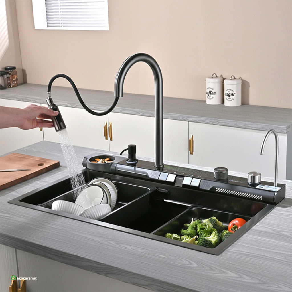 LAVADERO MULTIFUNCIONAL DE COCINA 7 FUNCIONES PANEL LED NEGRO BAHÍA DE ACERO INOX 304 BLACK PREMIUM FULL