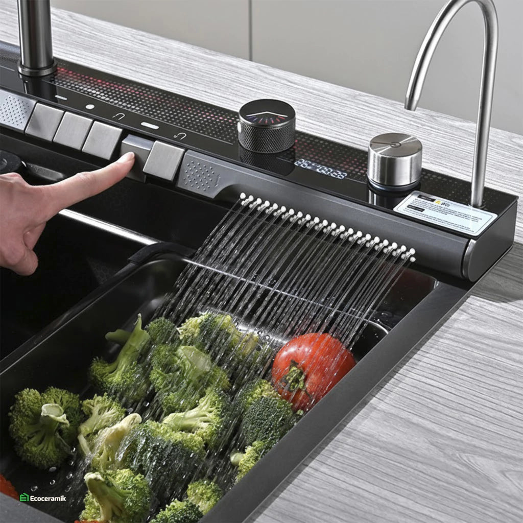 LAVADERO MULTIFUNCIONAL DE COCINA 7 FUNCIONES PANEL LED NEGRO BAHÍA DE ACERO INOX 304 BLACK PREMIUM FULL