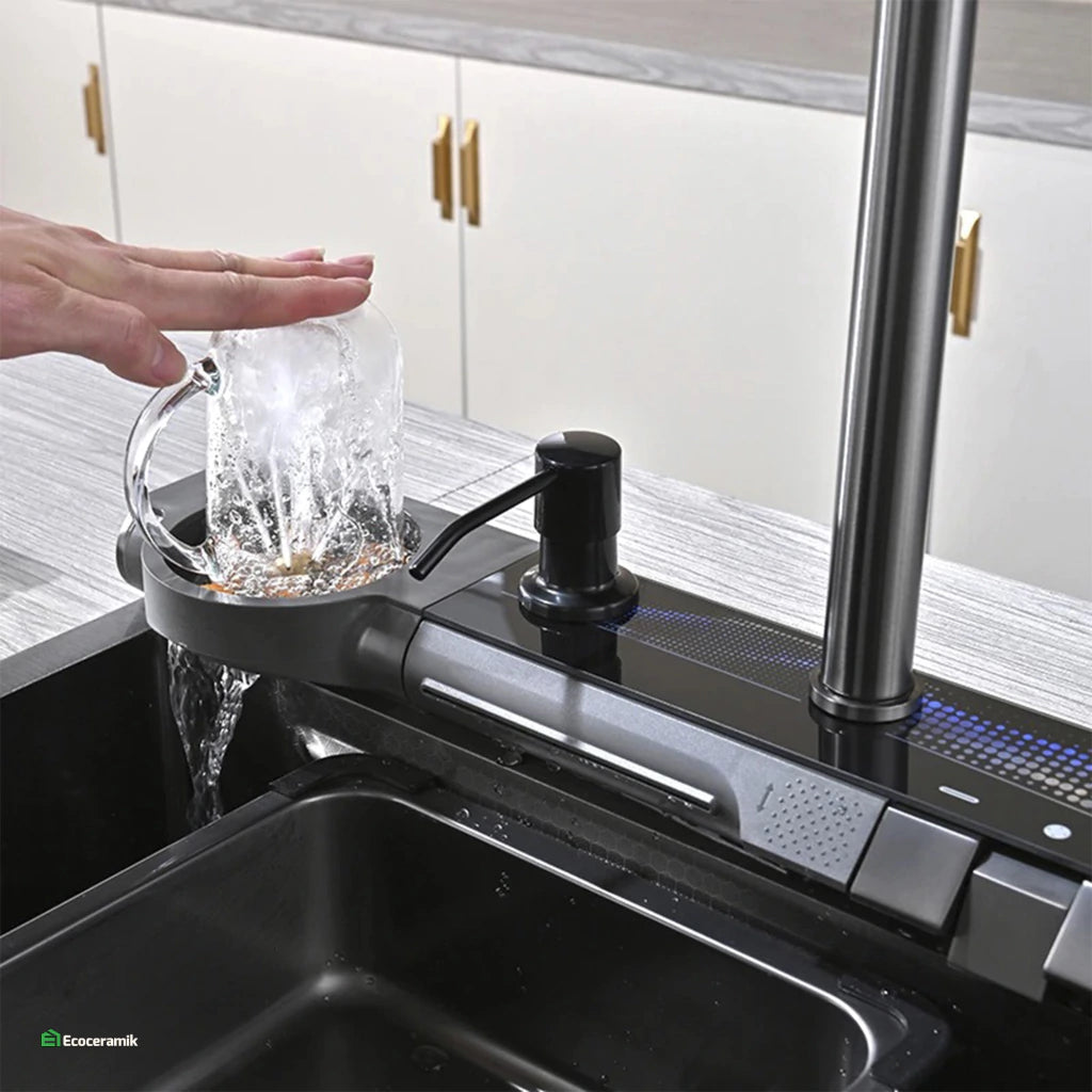 LAVADERO MULTIFUNCIONAL DE COCINA 7 FUNCIONES PANEL LED NEGRO BAHÍA DE ACERO INOX 304 BLACK PREMIUM FULL