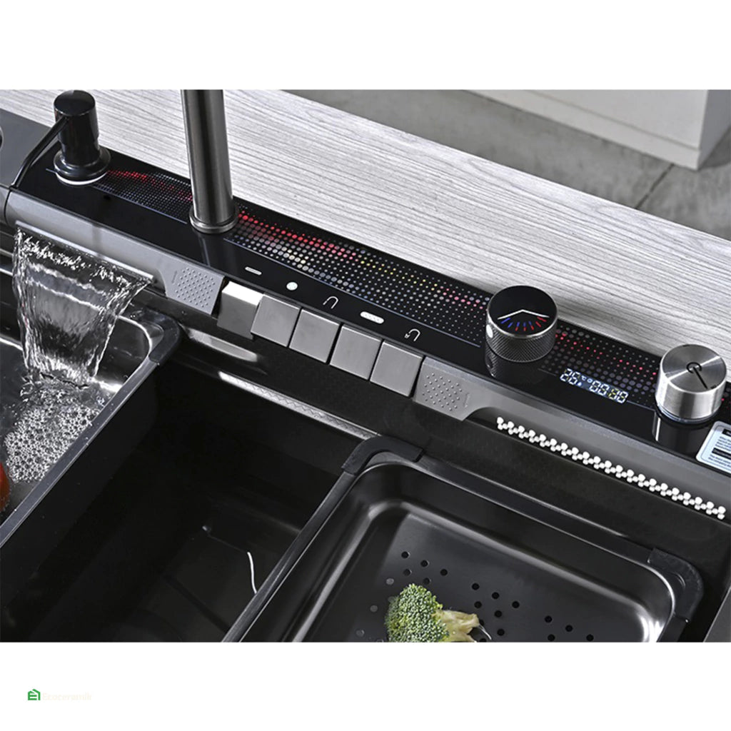 LAVADERO MULTIFUNCIONAL DE COCINA 7 FUNCIONES PANEL LED NEGRO BAHÍA DE ACERO INOX 304 BLACK PREMIUM FULL