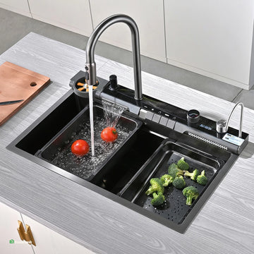 LAVADERO MULTIFUNCIONAL DE COCINA 7 FUNCIONES PANEL LED NEGRO BAHÍA DE ACERO INOX 304 BLACK PREMIUM FULL