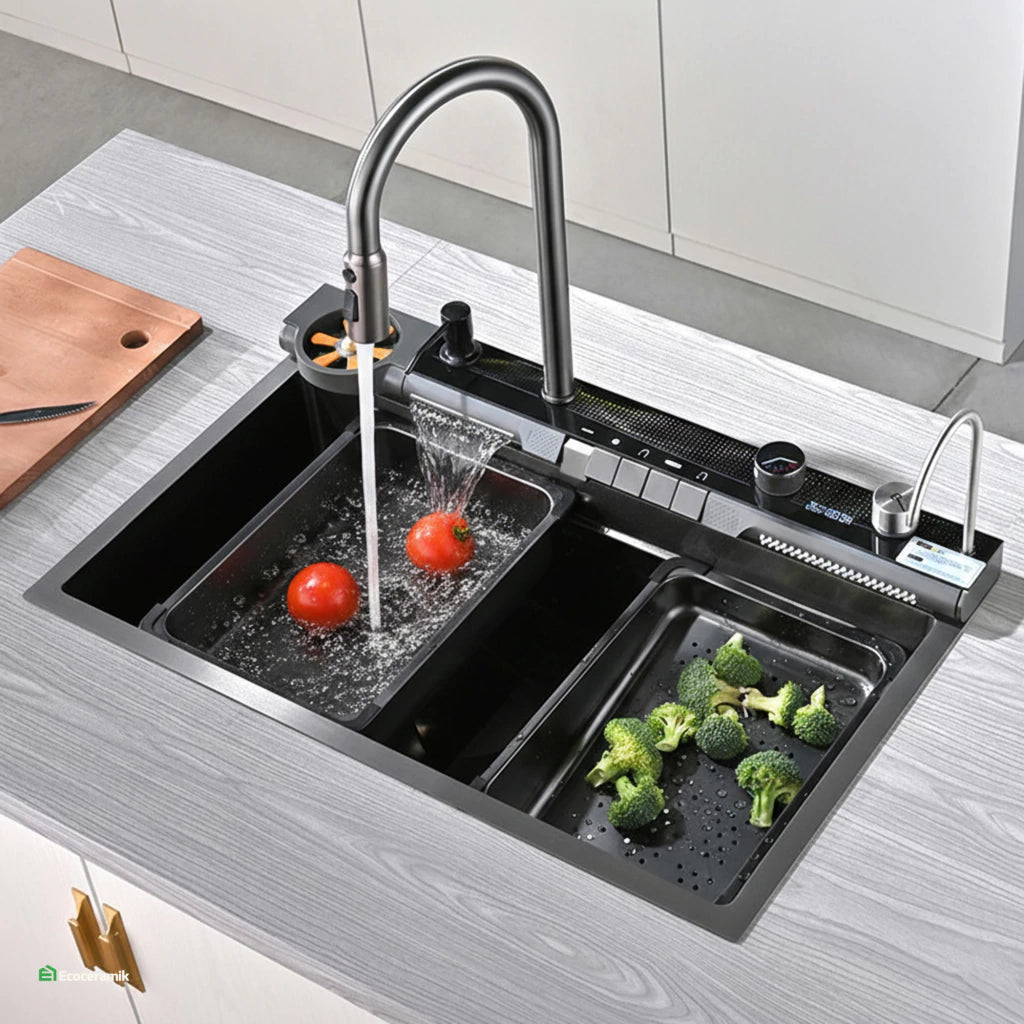 LAVADERO MULTIFUNCIONAL DE COCINA 7 FUNCIONES PANEL LED NEGRO BAHÍA DE ACERO INOX 304 BLACK PREMIUM FULL