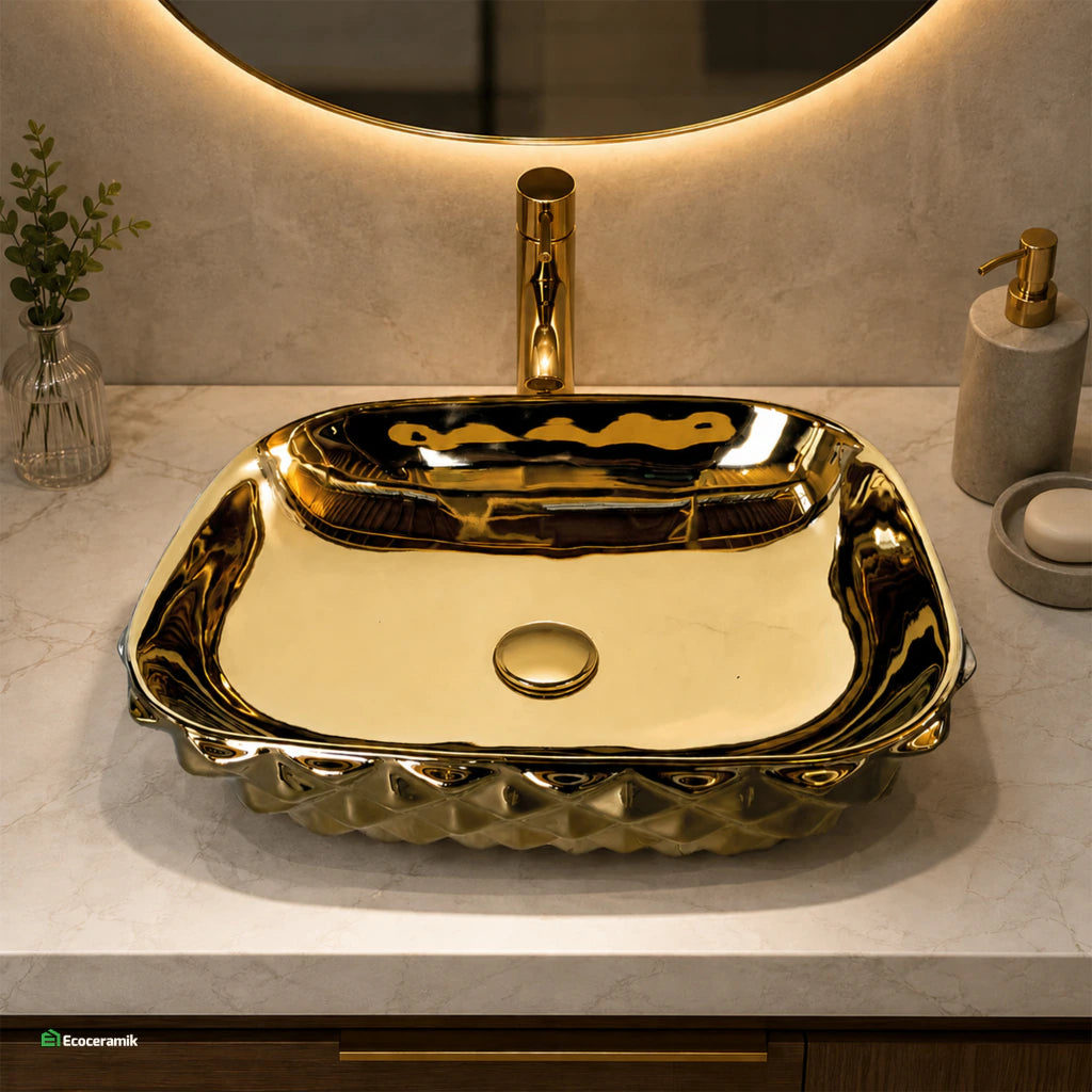 Ovalín de Loza (402-G) Mod. Rectangular Dorado Diamante 48X35X5X13.5 - Fratelli