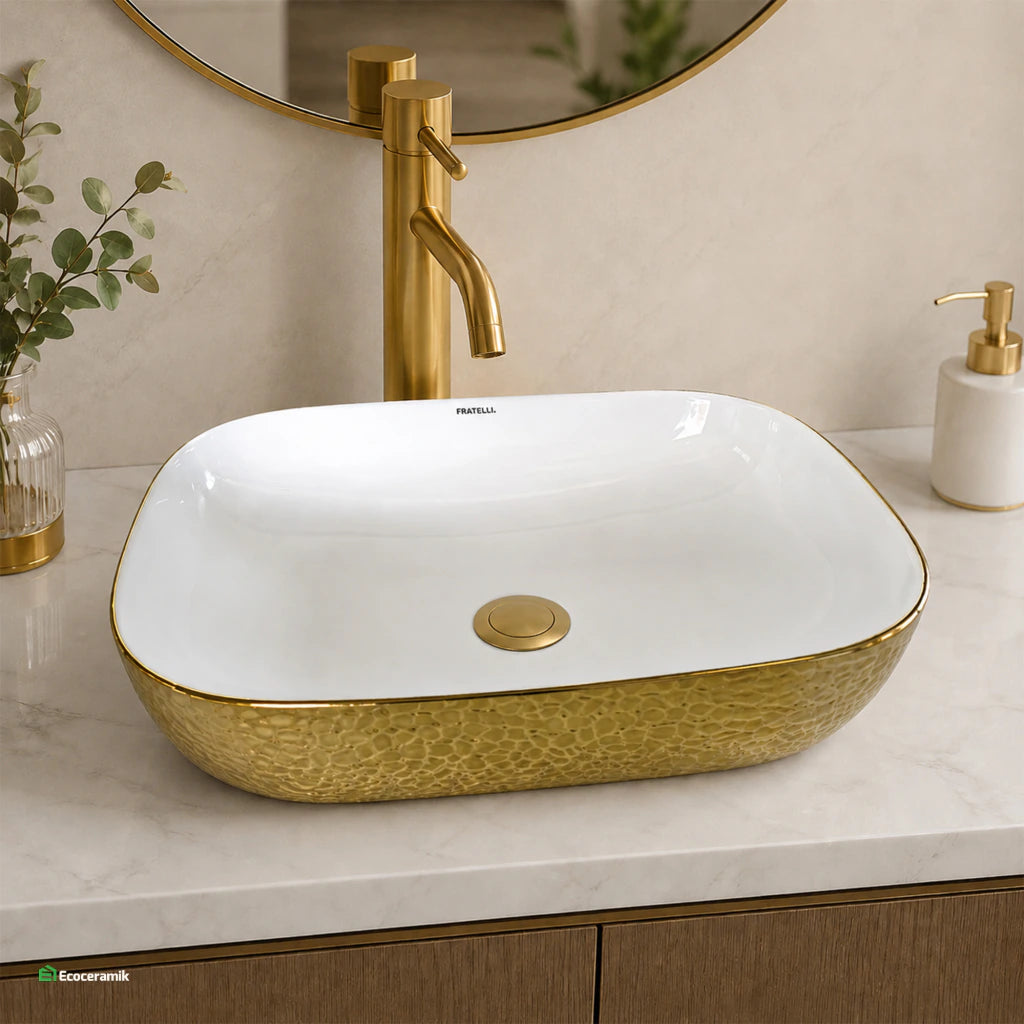 Ovalín de Loza (153) Mod.Rectangular Blanco C/Dorado Granito 45X33X13.5 - Fratelli